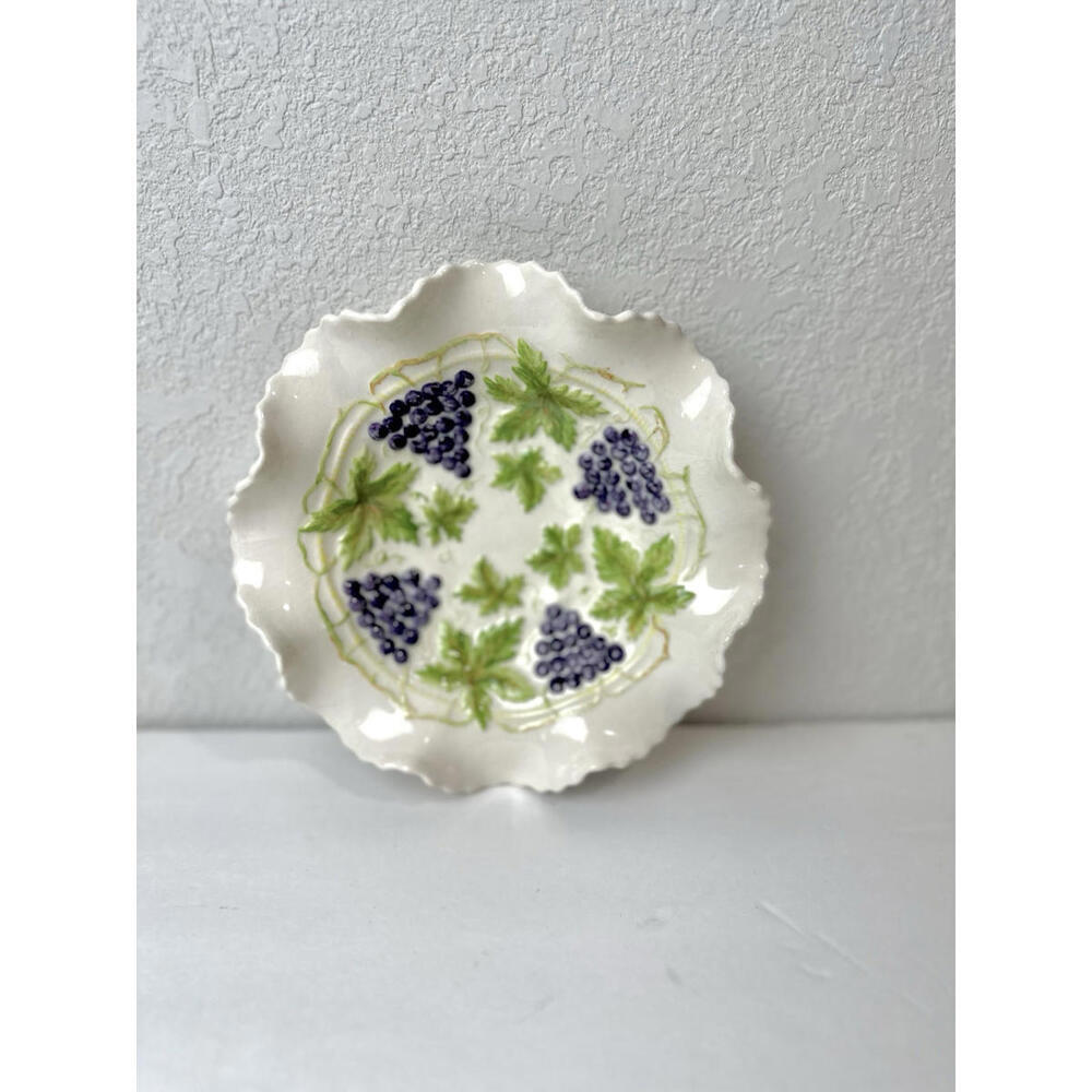 Scalloped Edge Antique Dish Ceramic Bowl 1962 hand painted with purple grapes